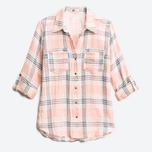 Kut from the Kloth Florence Relaxed Fit Plaid Button Down S Pink Blush